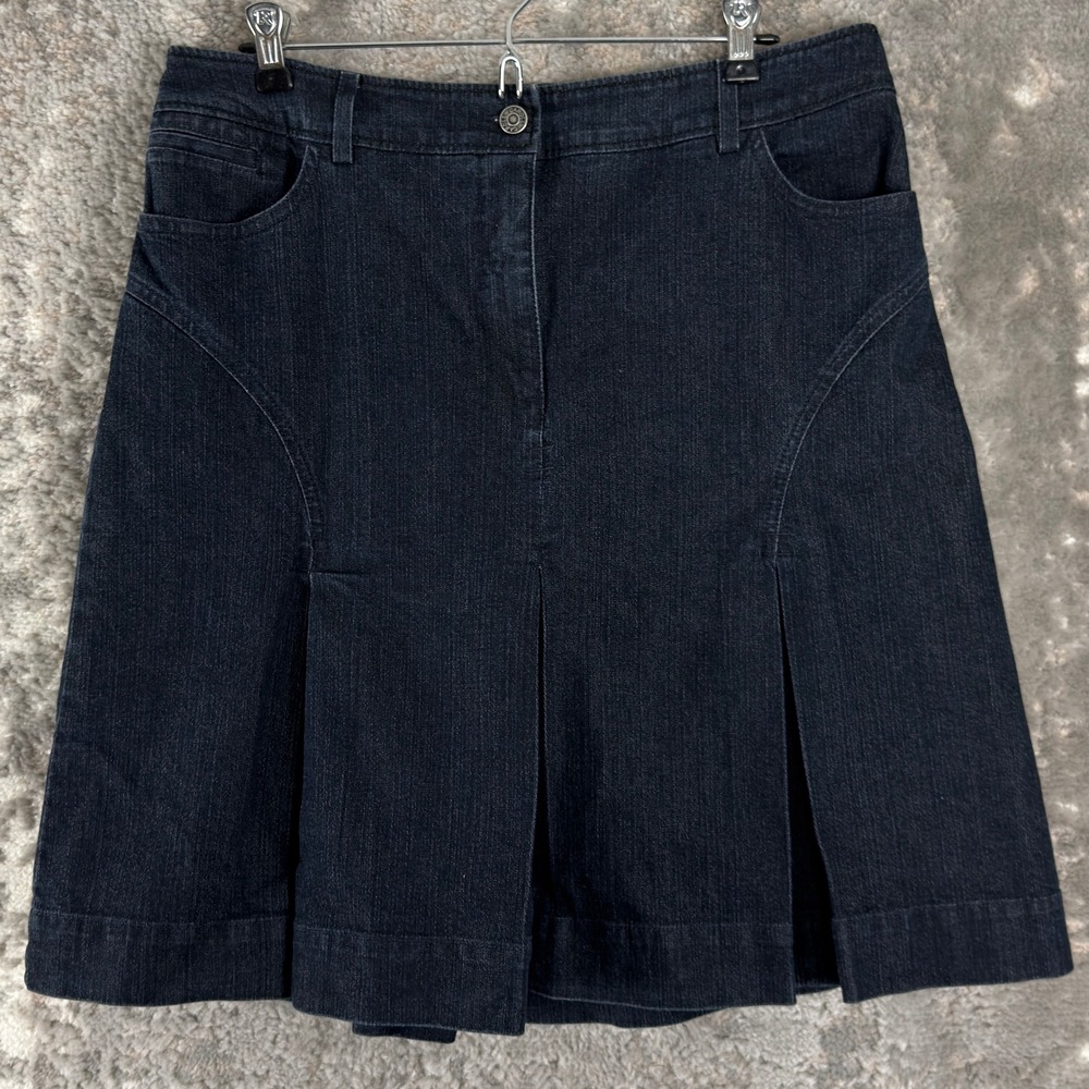 Caroll Size 12 Pleated A-Line Denim Dark Wash Mini Skirt Blue Sleeveless Women